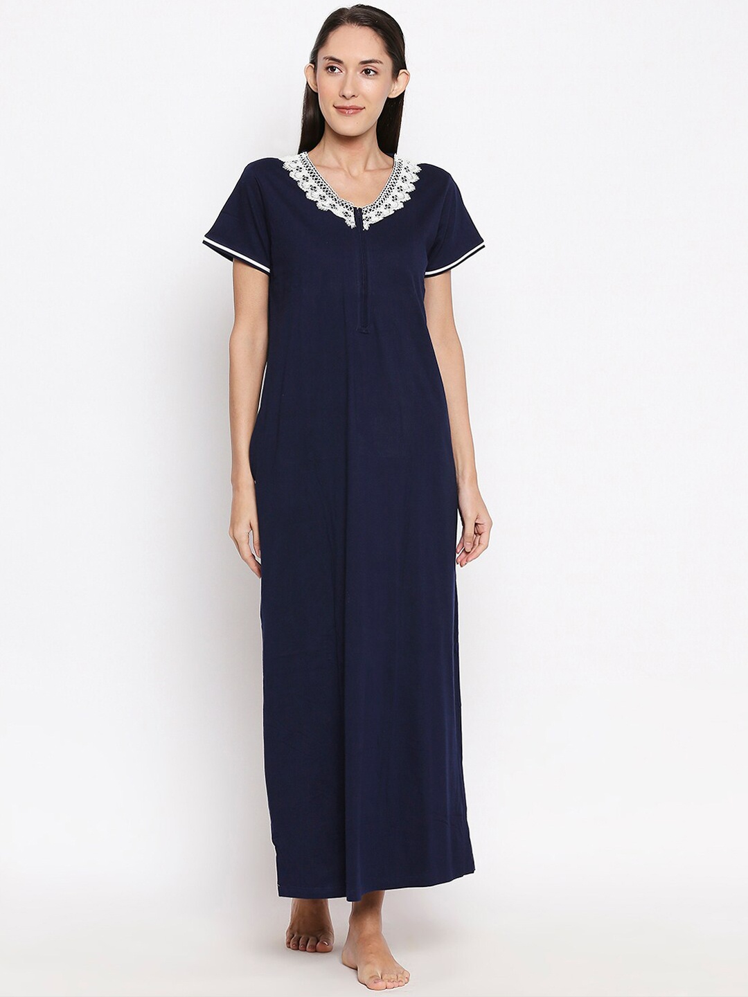 

XIN Women Navy Blue & White Solid Nightdress