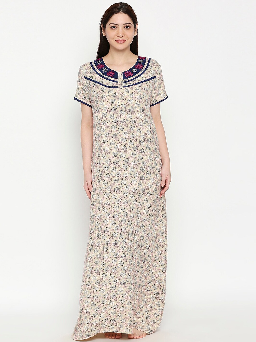 

XIN Women Off White & Pink Printed Maxi Nightdress