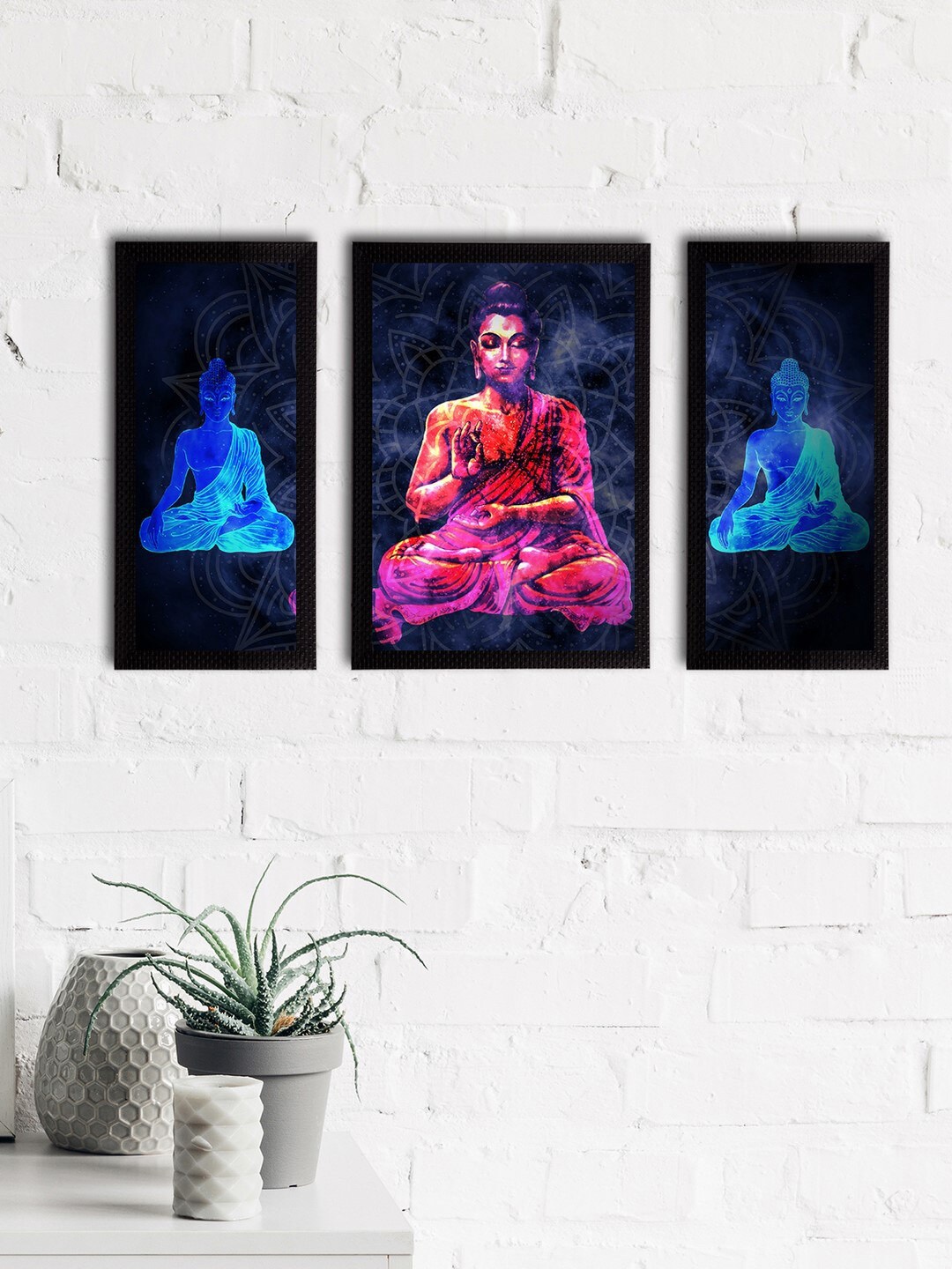 

eCraftIndia Set of 3 Blue & Pink Meditating Lord Buddha Satin Matt Textured UV Wall Paintings