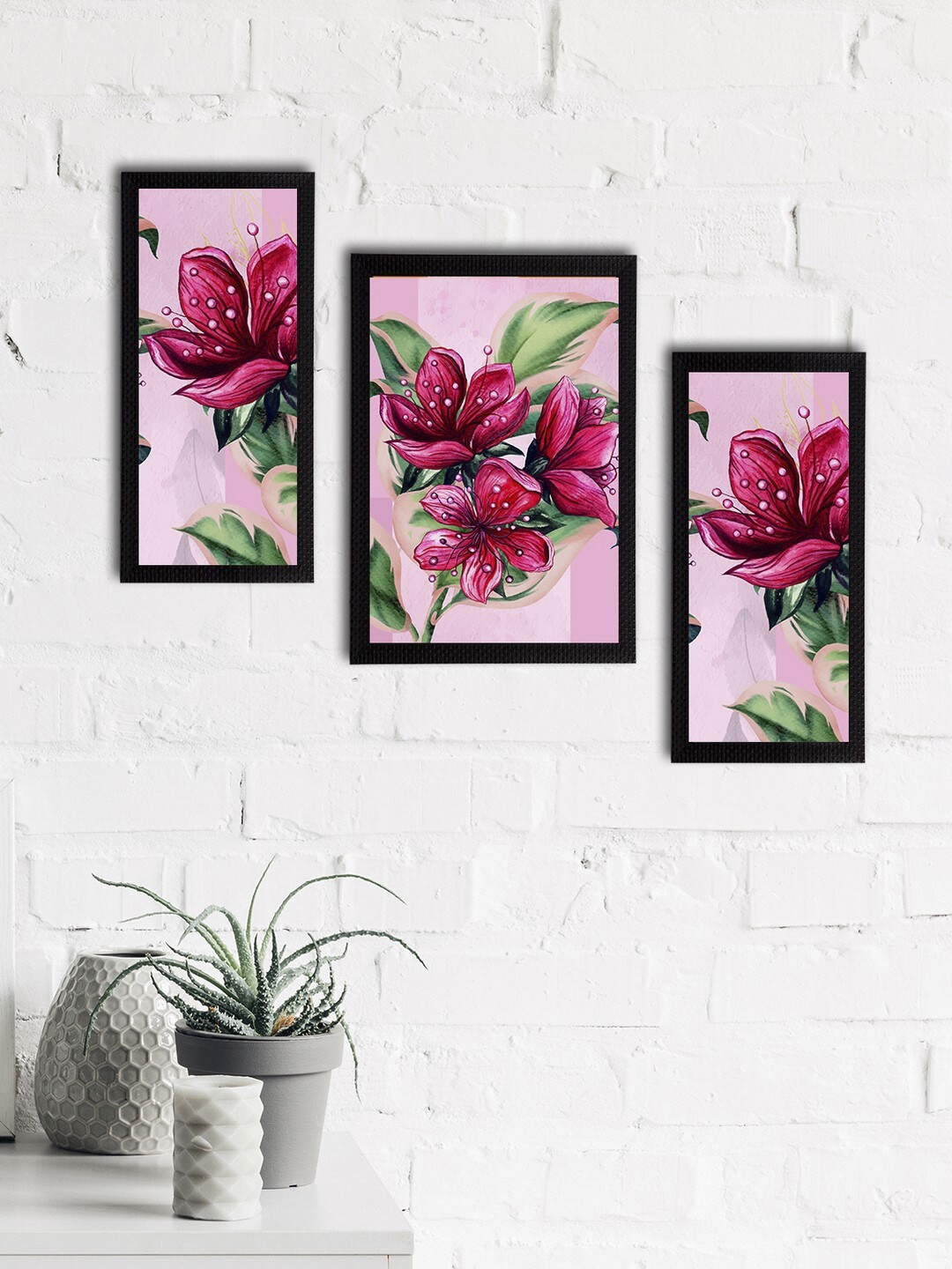 

eCraftIndia Set of 3 Pink & Red Satin Matt Texture Floral UV Wall Art