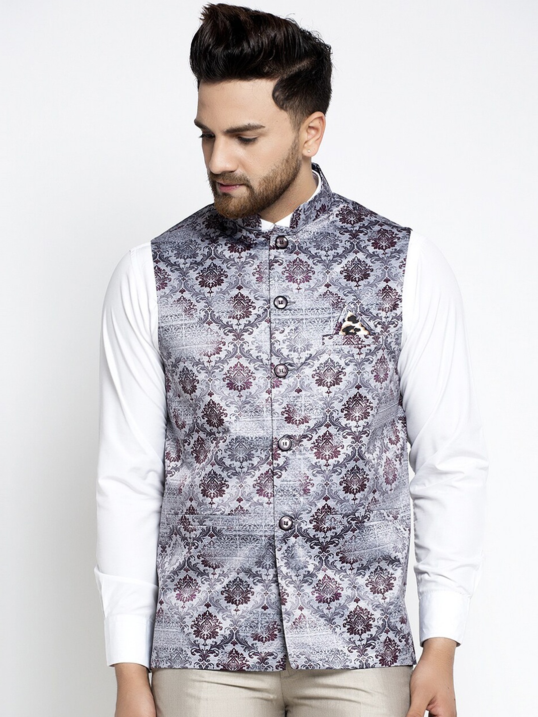 

Jompers Men Grey & Purple Printed Waistcoat