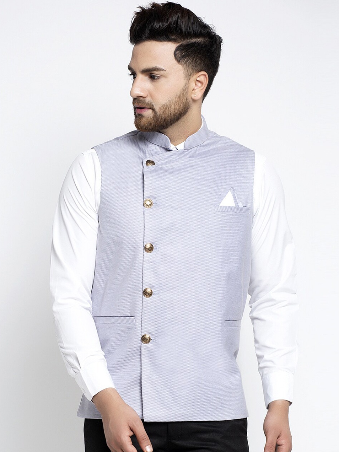 

Jompers Men Blue Woven Design Pure Cotton Nehru Jacket