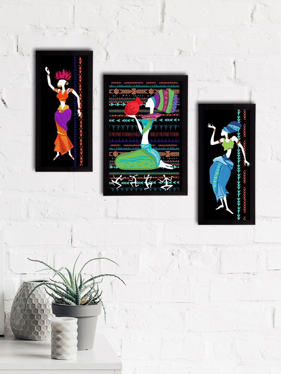 

eCraftIndia Set of 3 Black & Blue Tribal Theme Satin Matt Textured UV Wall Paintings