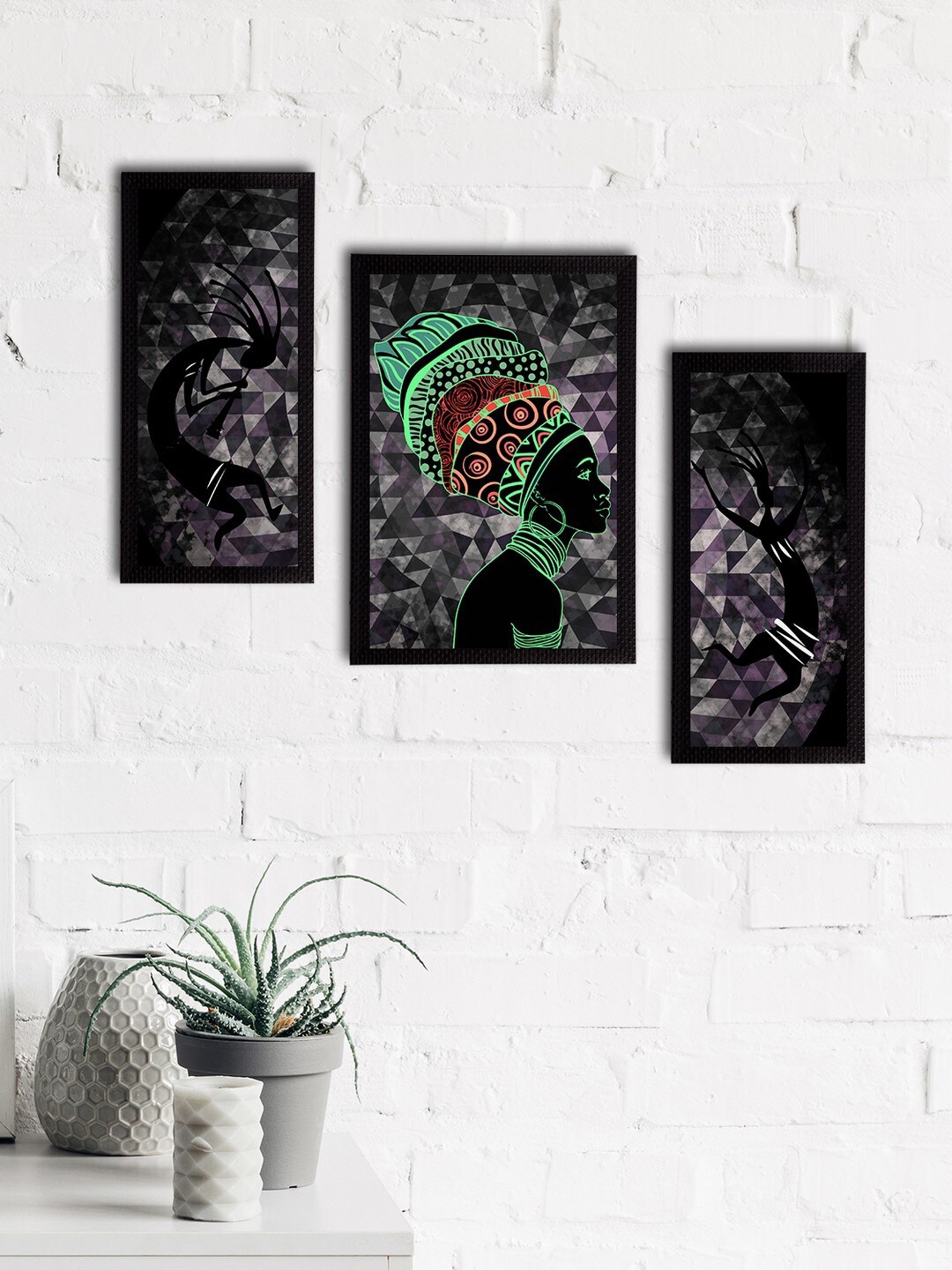

eCraftIndia Set of 3 Black & Grey Tribal Theme Satin Matt Textured UV Wall Paintings