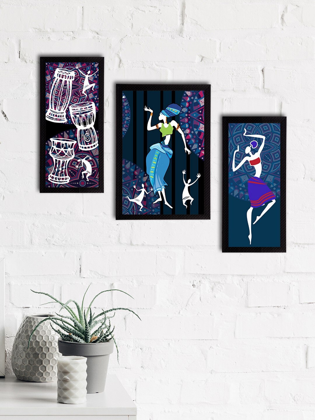

eCraftIndia Set of 3 Blue & White Tribal Theme Satin Matt Textured UV Wall Paintings