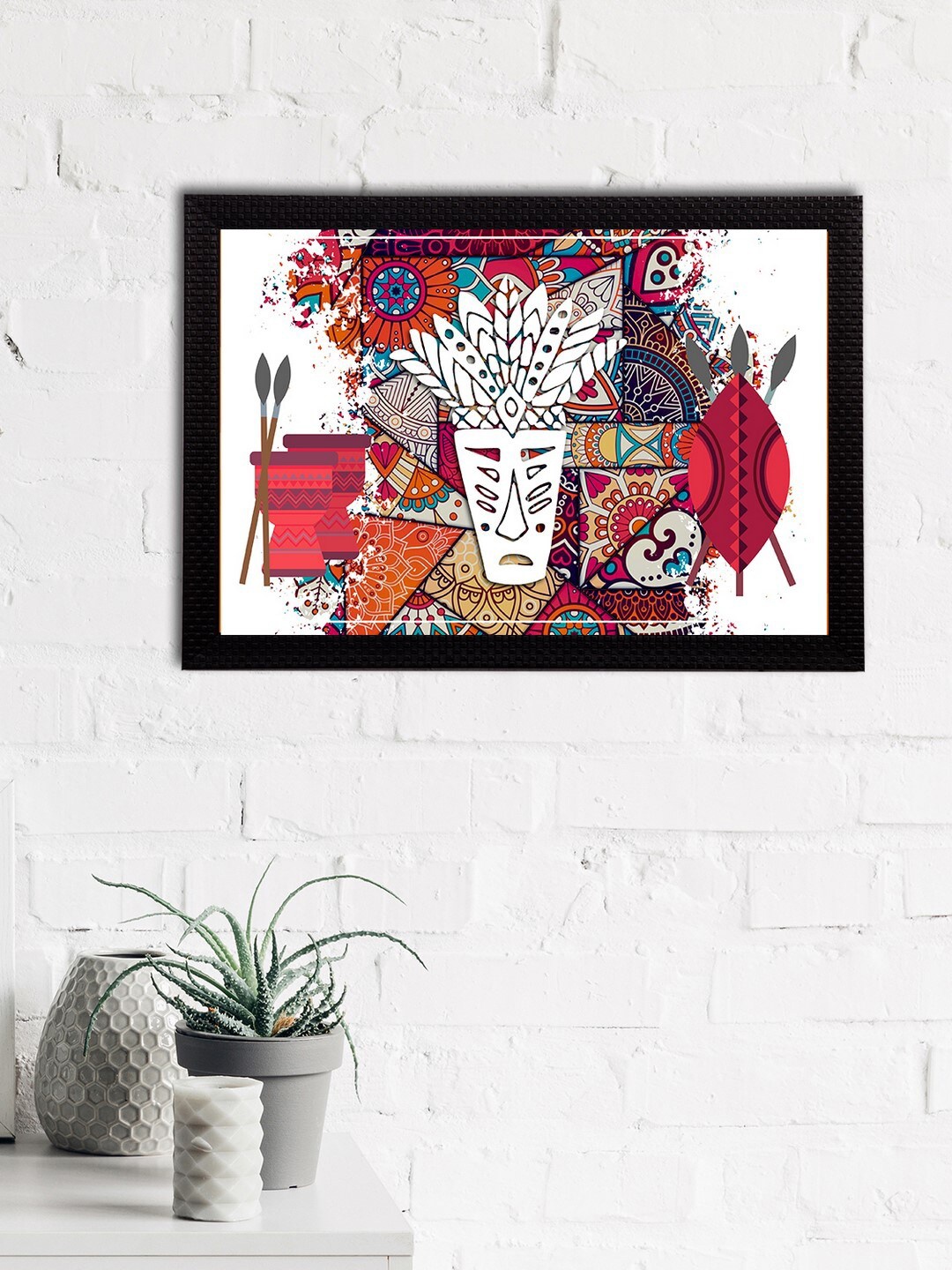 

eCraftIndia White & Red Tribal Theme Satin Matt Textured UV Wall Art