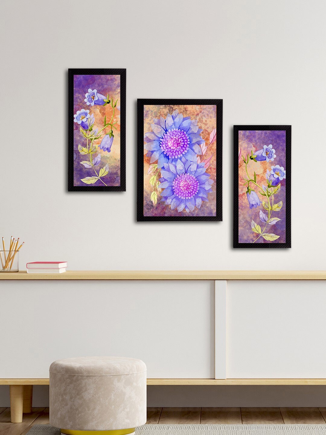 

eCraftIndia Set of 3 Lavender & Beige Botanical & Floral Satin Matt Textured UV Wall Paintings