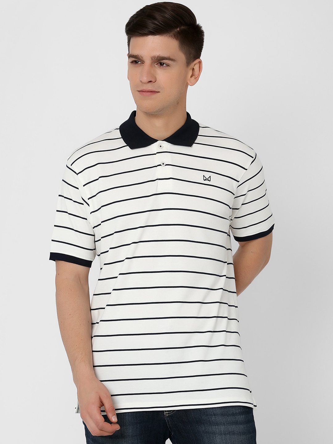 

MARCA Disati Men White Striped Polo Collar T-shirt