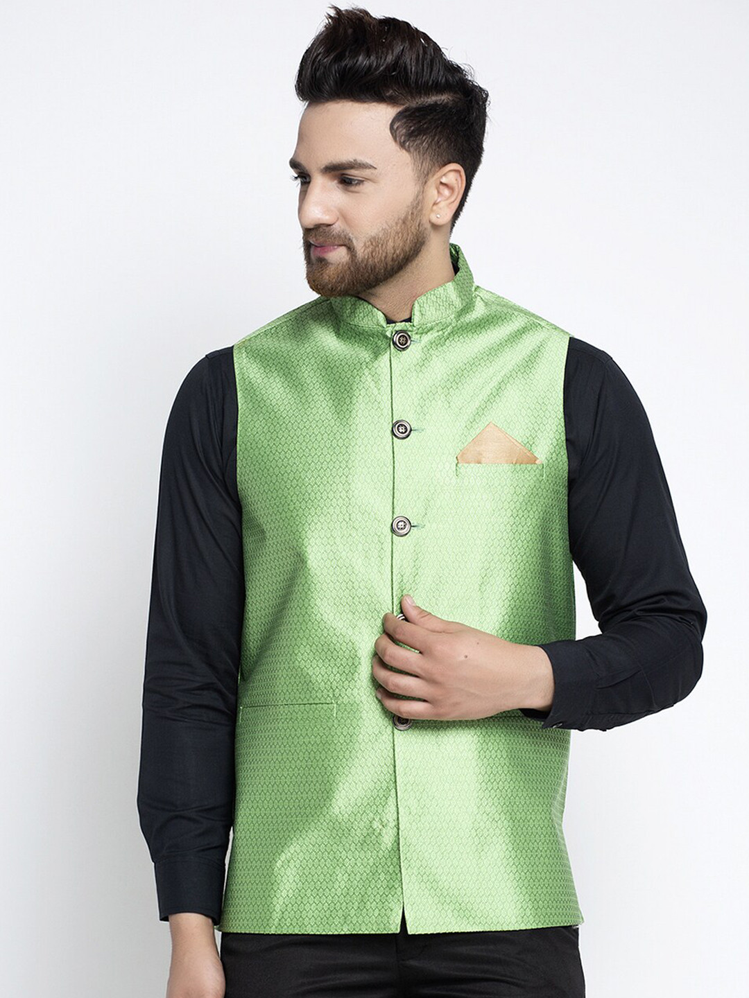 

Jompers Men Green Woven Design Nehru Jacket