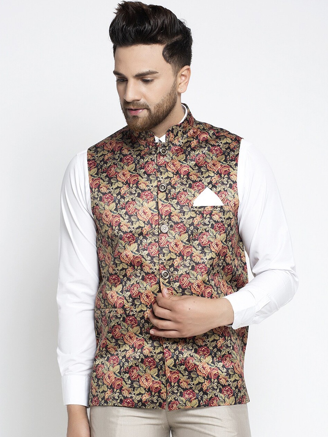 

Jompers Men Black & Pink Floral Digitally Printed Nehru Jacket