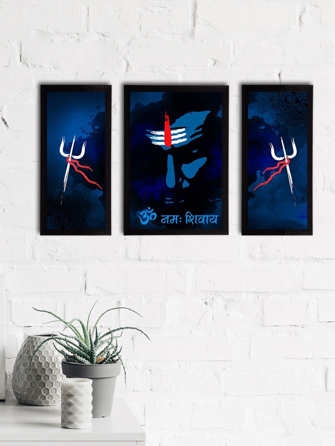 eCraftIndia Set of 3 Blue & White Lord Shiva Satin Matt Textured UV Wall Art