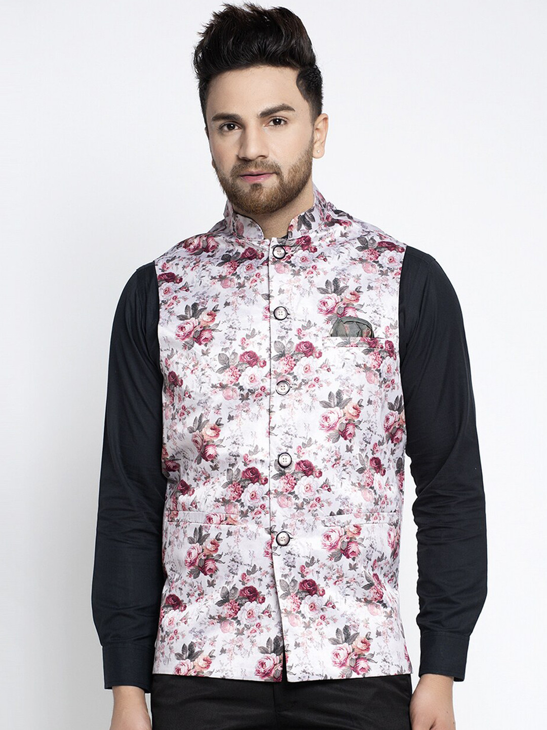

Jompers Men Silver-Coloured & Red Floral Printed Woven Nehru Jacket