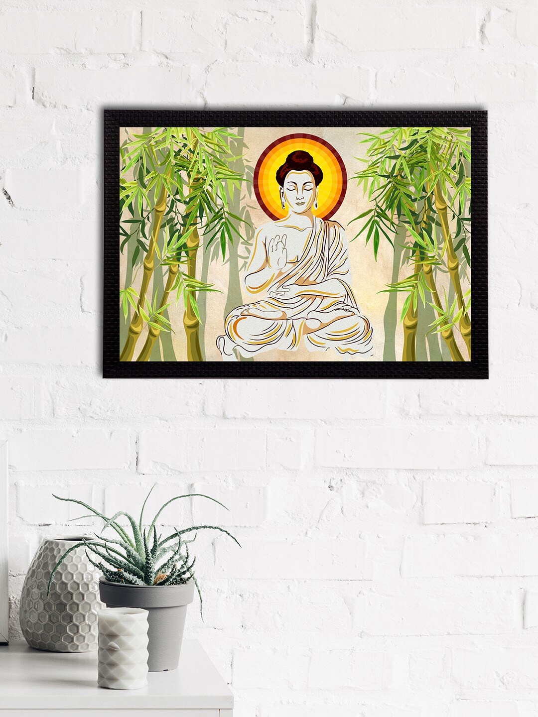 

eCraftIndia Cream-Coloured & Green Meditating Lord Buddha Satin Matt Textured UV Wall Painting
