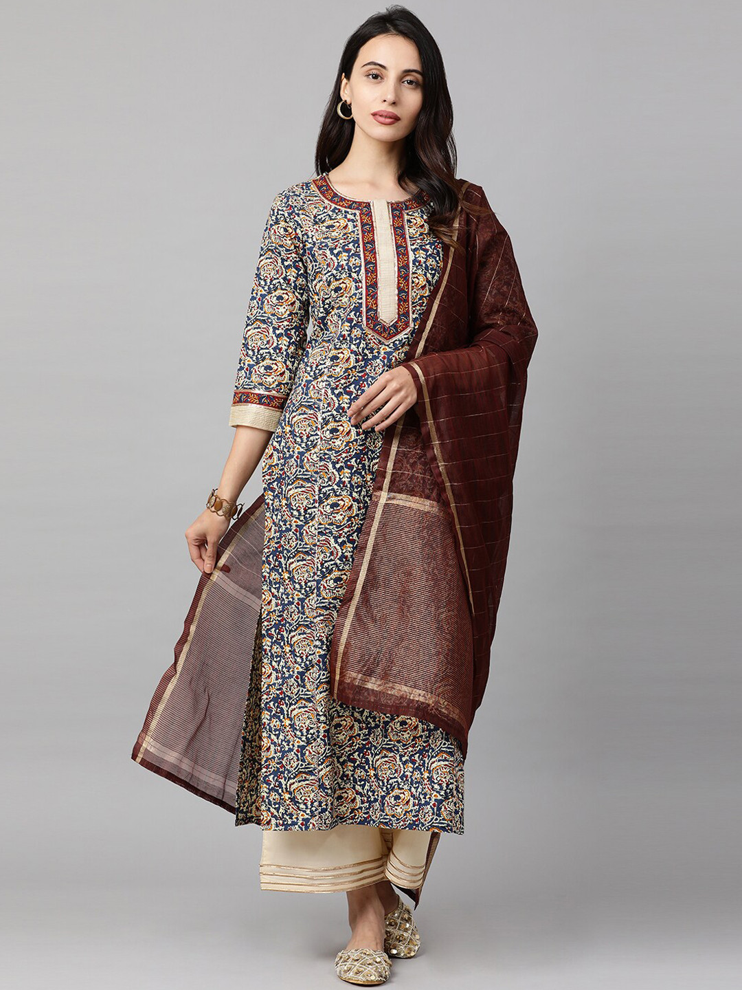 

Indo Era Women Navy Blue & Brown Printed Kurta with Palazzos & Dupatta
