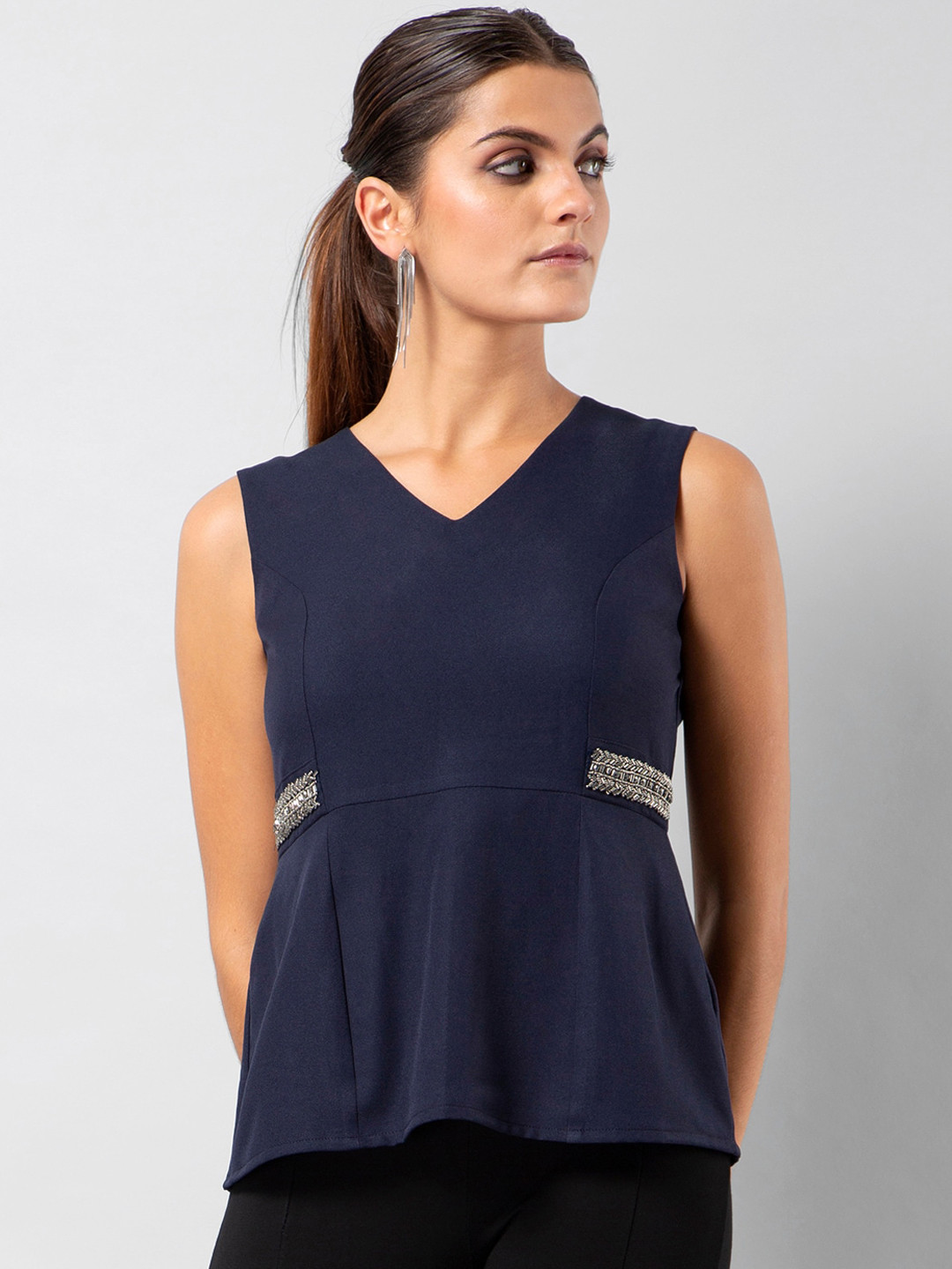 

FabAlley Women Navy Blue Solid Peplum Top