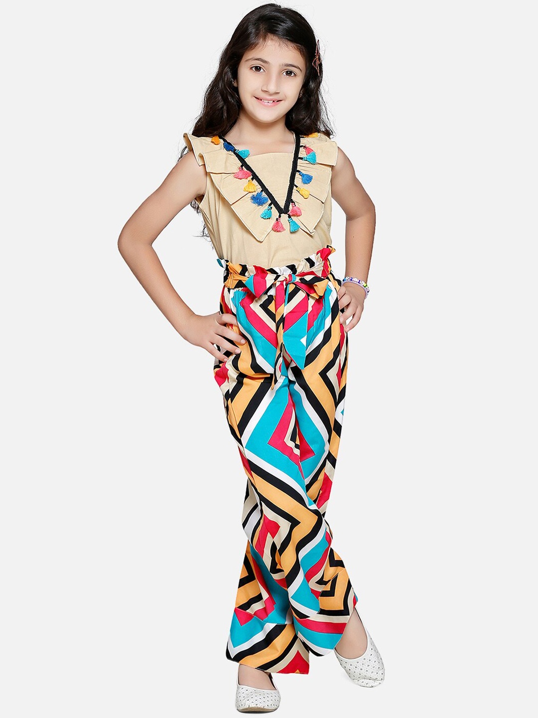 

Cutiekins Girls Beige & Blue Printed Top with Printed Palazzos