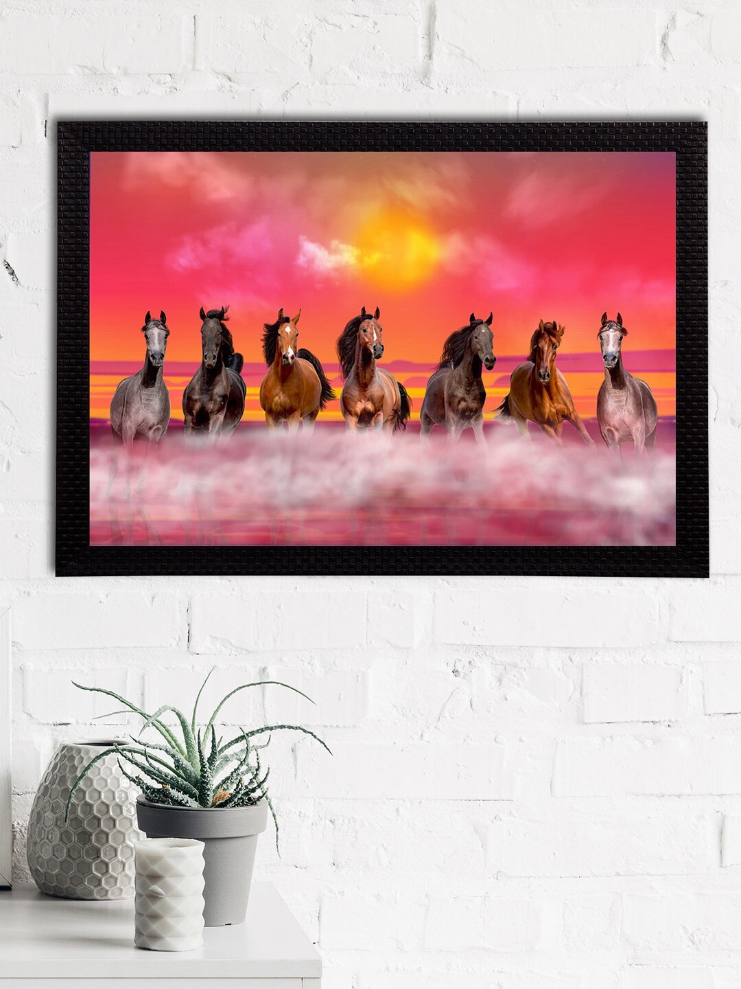 

eCraftIndia Pink & Brown 7 Lucky Running Horses Satin Matt Textured UV Wall Painting