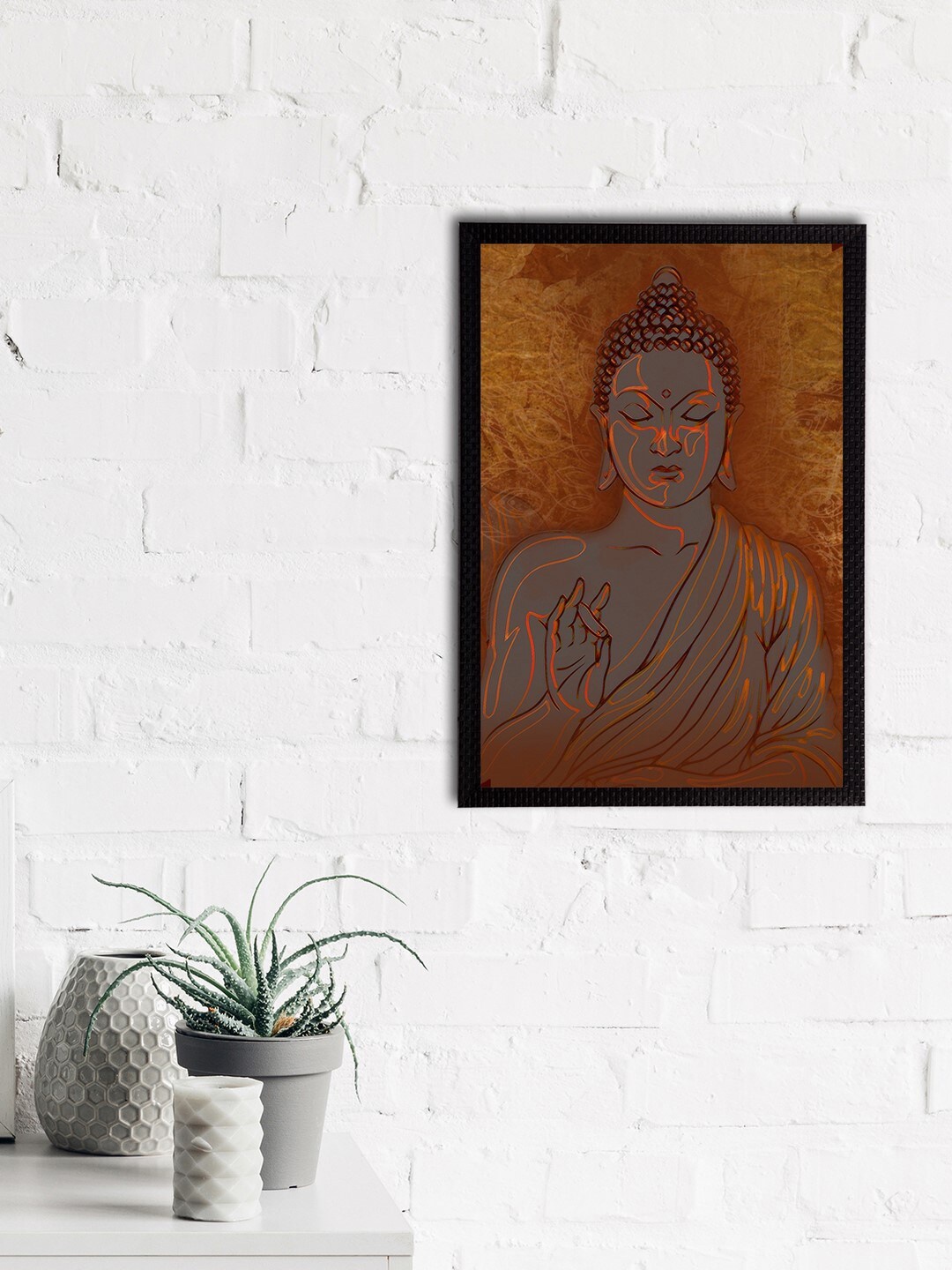 

eCraftIndia Beige & Orange Meditating Lord Buddha Printed Satin Matt Textured UV Wall Art, Brown