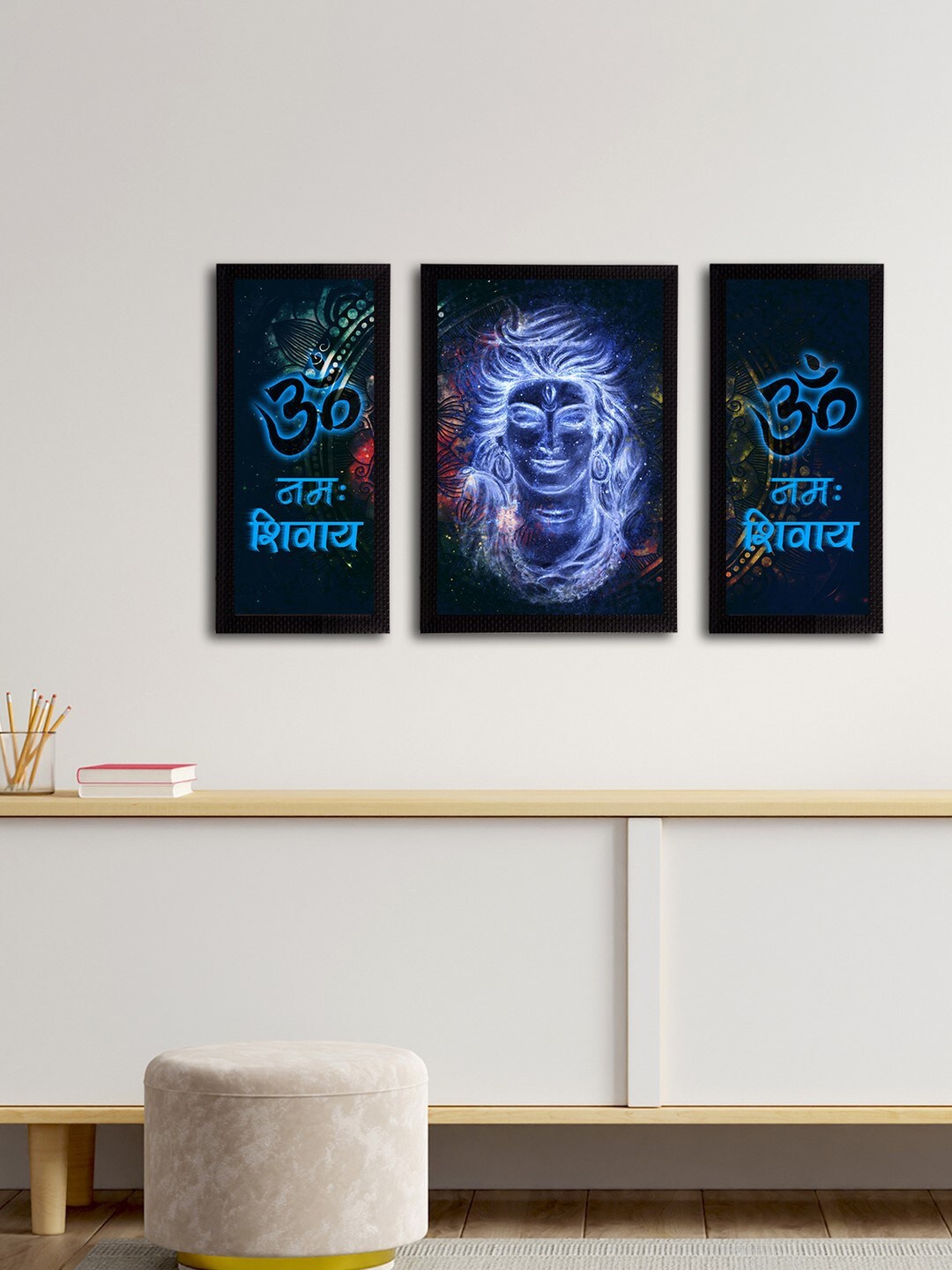 eCraftIndia Set of 3 Blue Lord Shiva Satin Matt Textured UV Wall Paintings