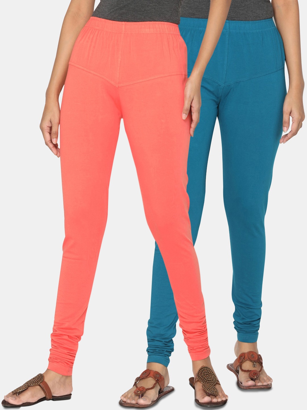 

TSG Bliss Women Pack of 2 Solid Churidar Leggings, Teal
