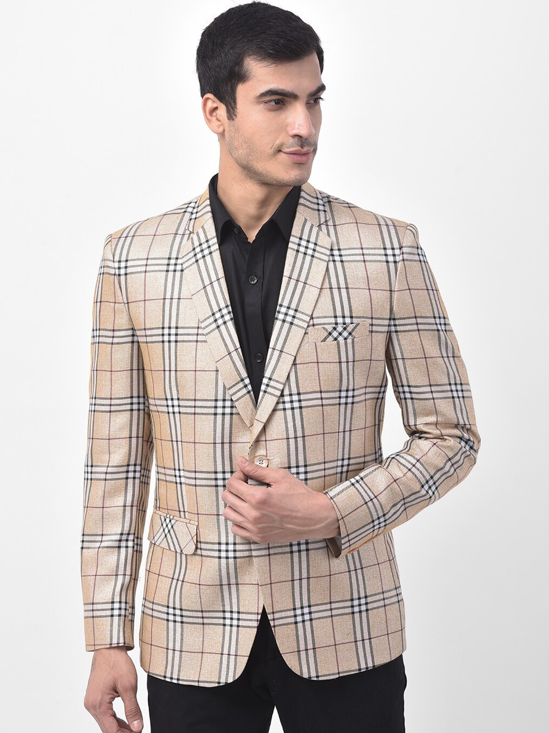 

LUXURAZI Men Beige & Black Checked Single-Breasted Blazer