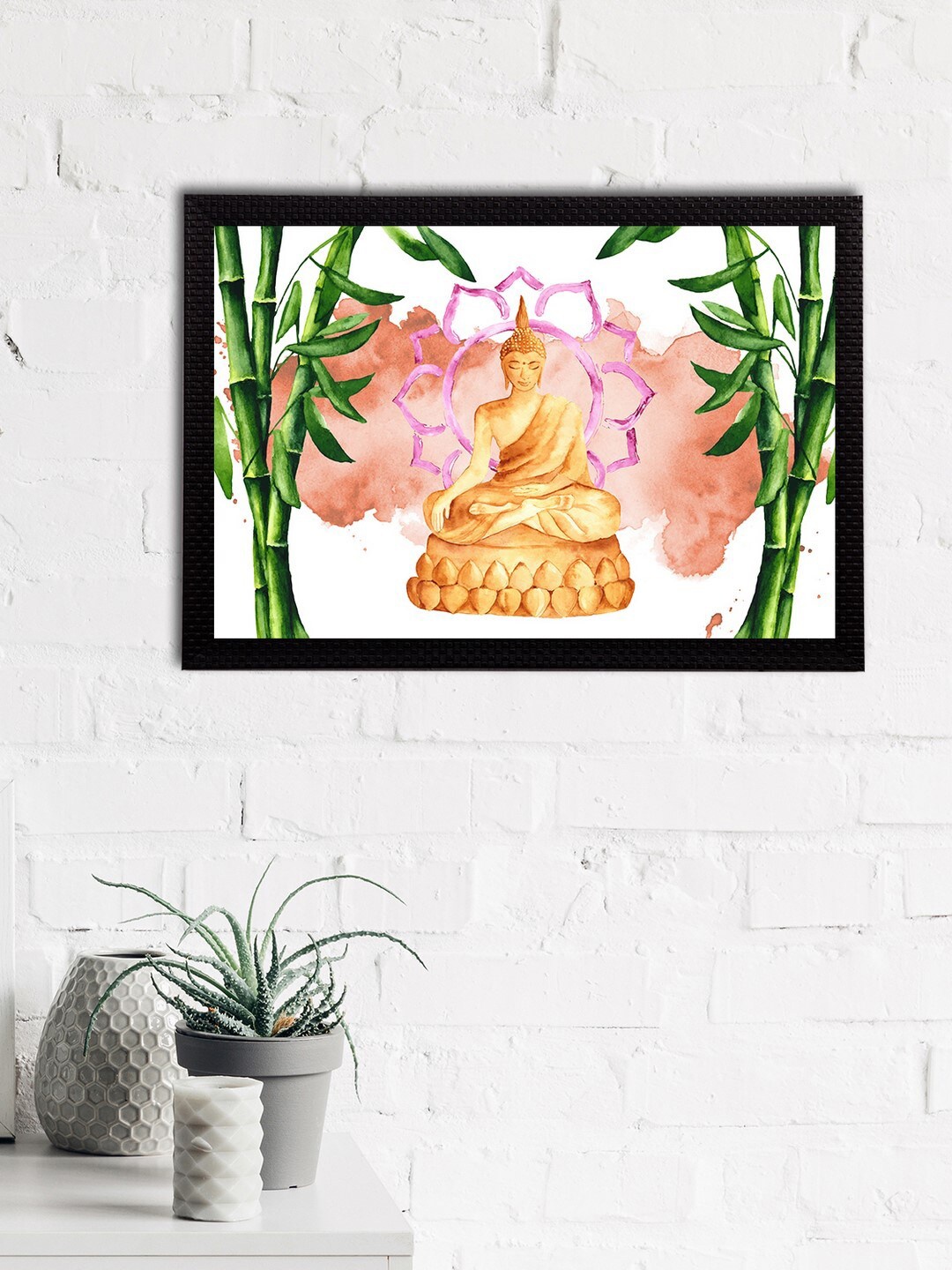 eCraftIndia Brown & Green Meditating Lord Buddha Satin Matt Textured UV Wall Painting