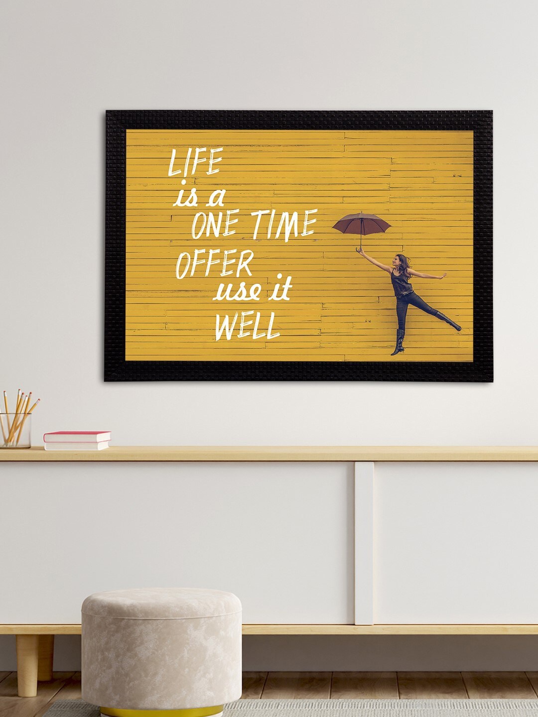 

eCraftIndia Yellow & White Life Is A One Time Offer Use It Well Motivational Quote Matt Texture UV Wall Art