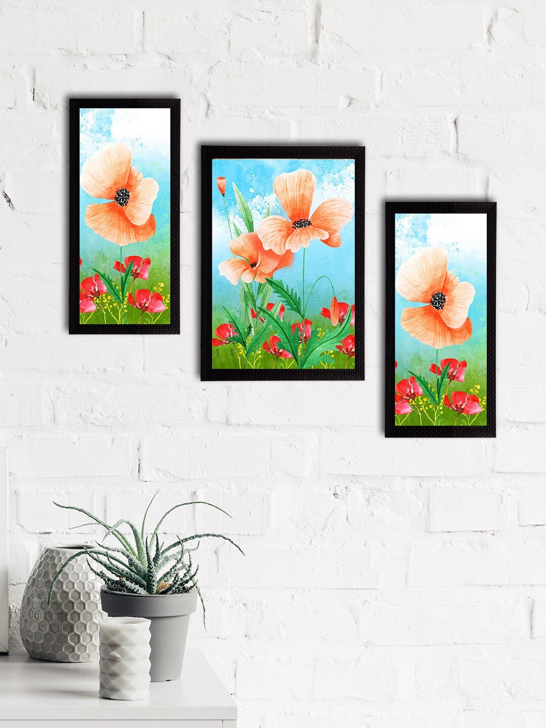 

eCraftIndia Set of 3 Blue & Pink Botanical & Floral Satin Matt Textured UV Wall Paintings