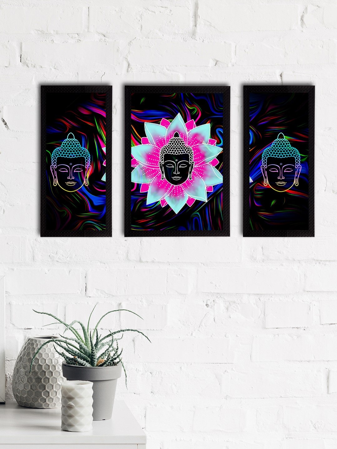

eCraftIndia Set of 3 Black & Sea Green Meditating Lord Buddha Satin Matt Textured UV Wall Paintings