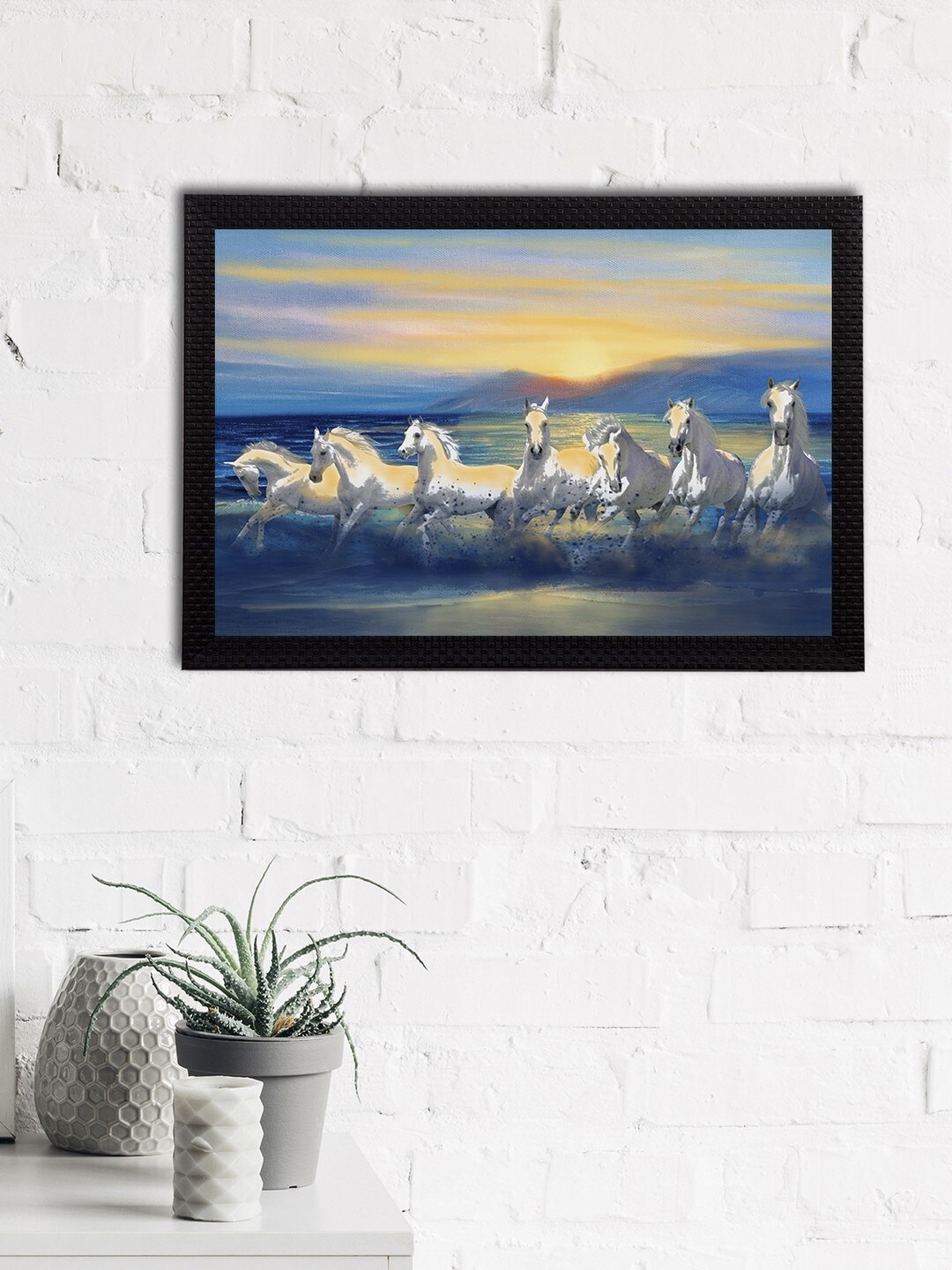 

eCraftIndia Blue & Yellow 7 Lucky Running Horse Satin Matt Texture UV Wall Art