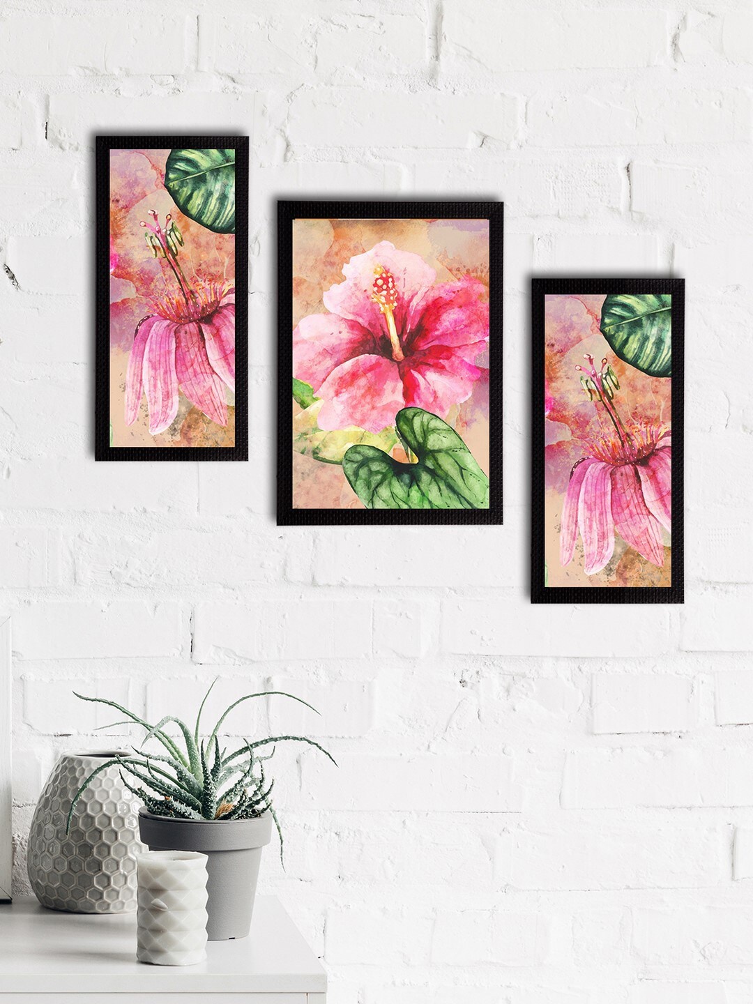 

eCraftIndia Set of 3 Pink & Green Botanical & Floral Satin Matt Textured UV Wall Paintings