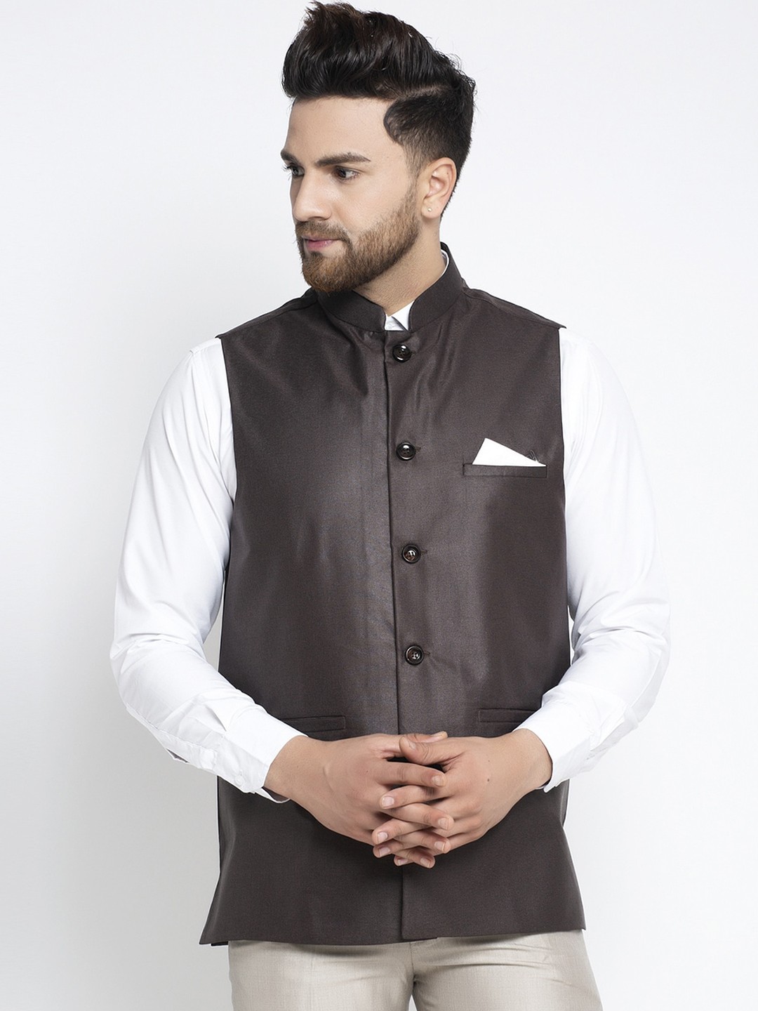 

Jompers Men Coffee Brown Solid Nehru Jacket