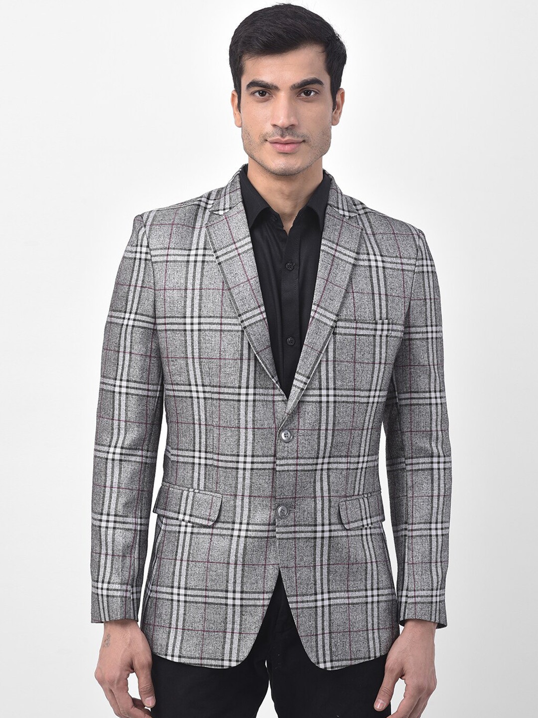 

LUXURAZI Men Grey & Black Checked Tailored Fit Single-Breasted Formal Blazer