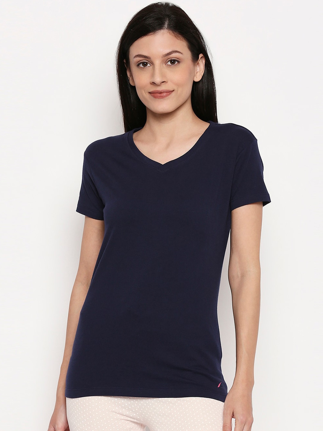 

XIN Women Navy Blue Solid V-Neck T-shirt