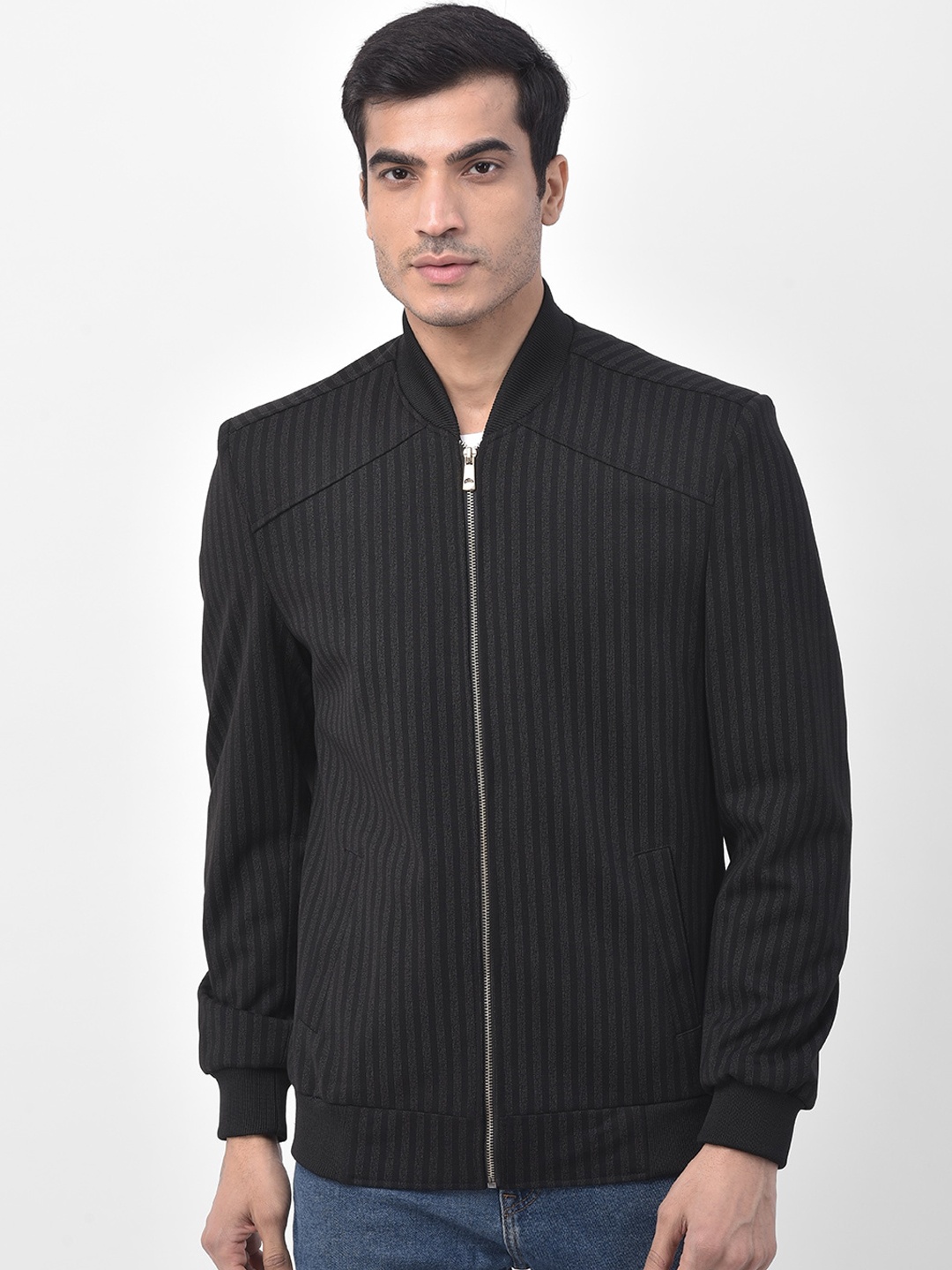 

LUXURAZI Men Black Striped Bomber