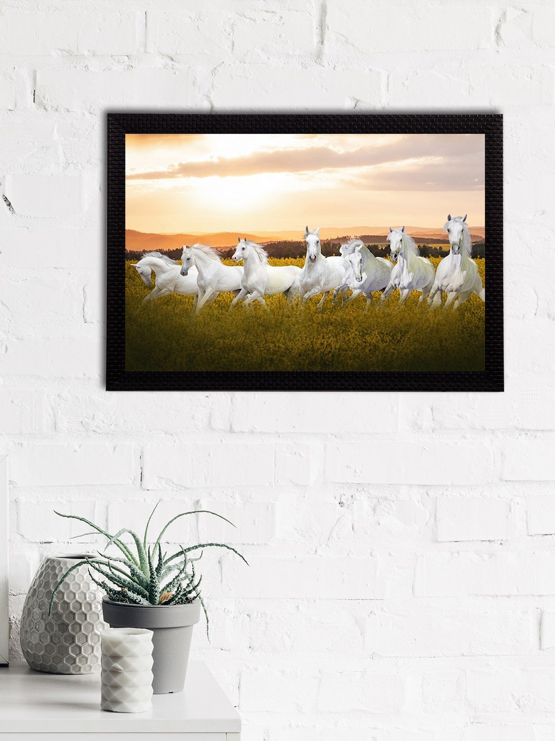 

eCraftIndia White & Yellow 7 Lucky Running Horses Satin Matt Textured UV Wall Art