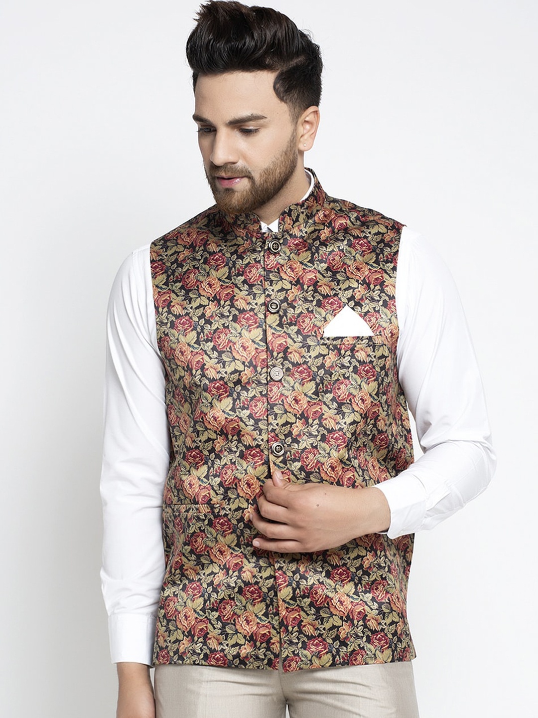 

Jompers Men Black & Red Floral Printed Nehru Jacket