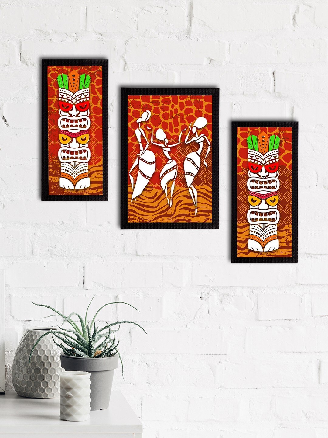 

eCraftIndia Set of 3 Brown & Orange Tribal Theme Satin Matt Textured UV Wall Paintings