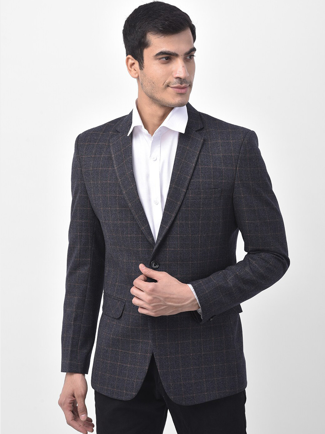 

LUXURAZI Men Charcoal Grey & Brown Checked Tailored-Fit Single-Breasted Blazer