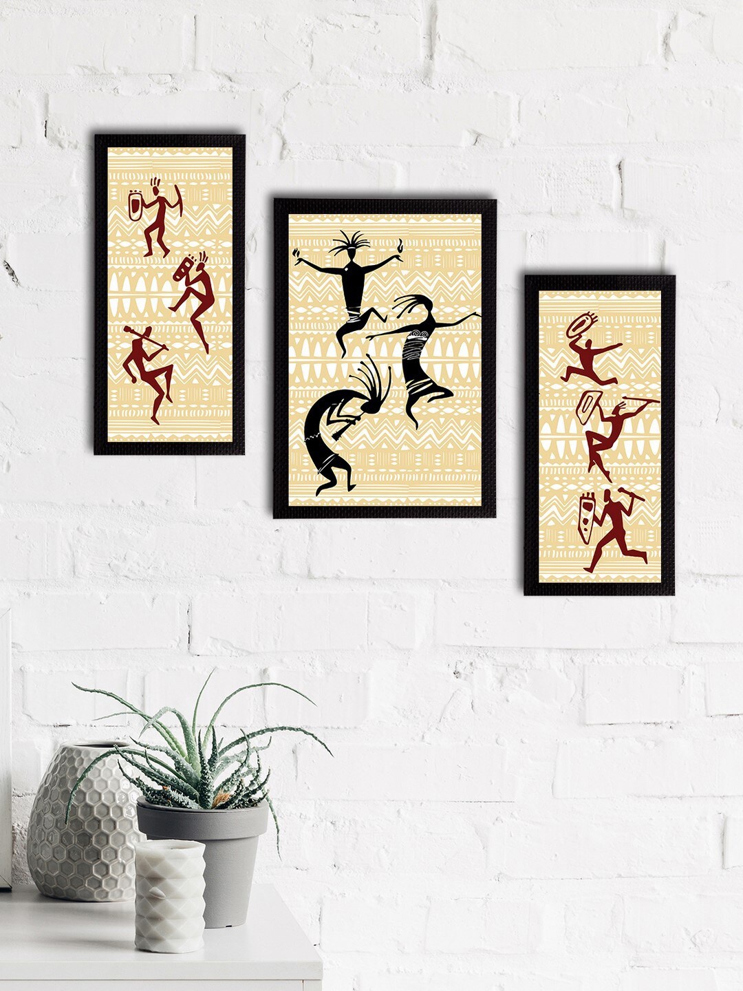 eCraftIndia Set of 3 Multicoloured Satin Matt Texture Tribal UV Wall Art, Multi