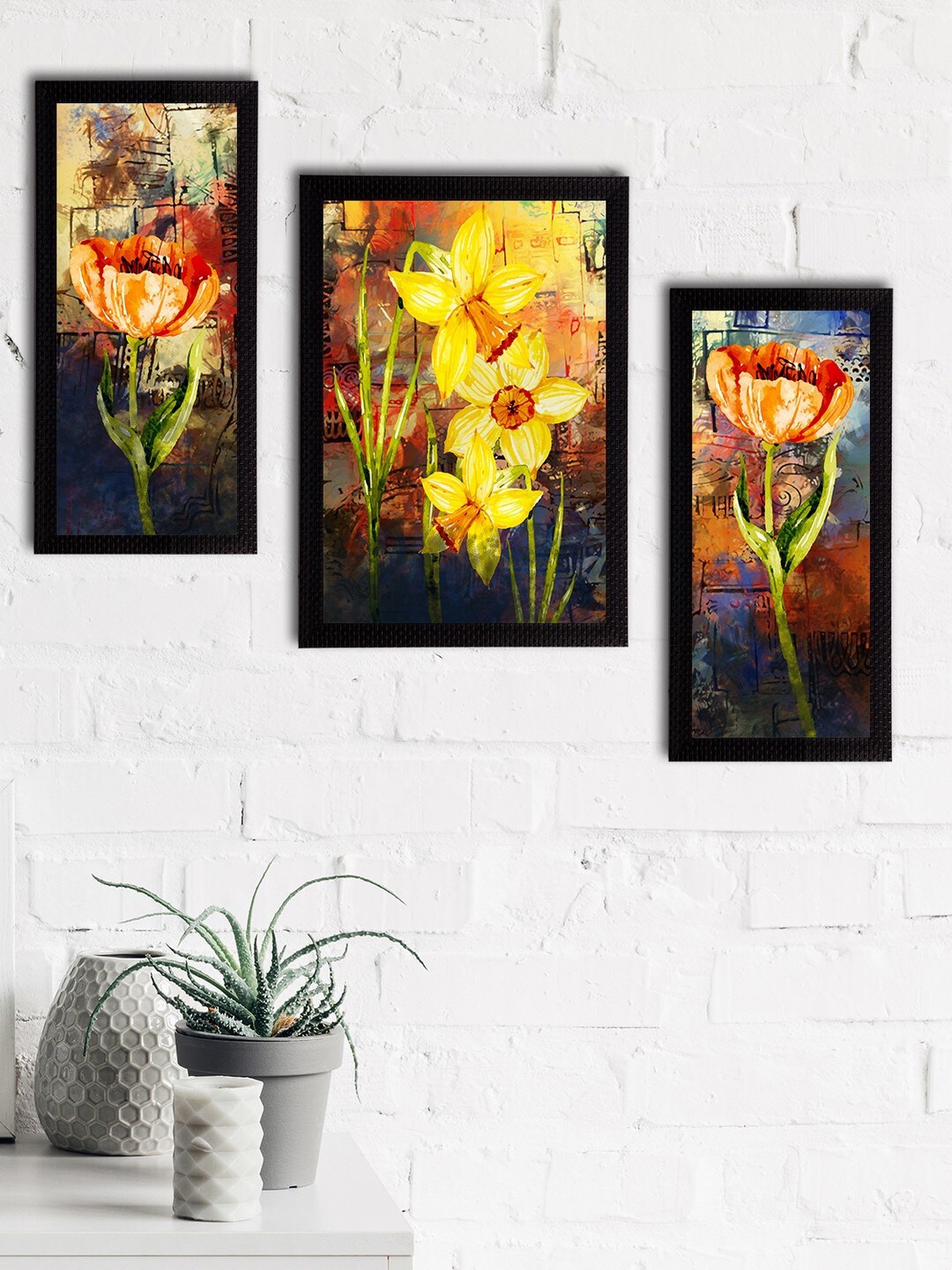 

eCraftIndia Set of 3 Yellow Botanical and Floral Satin Matt Texture UV Wall Arts