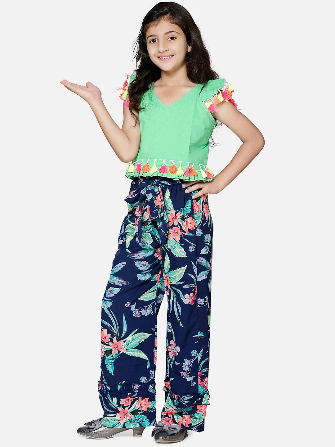 

Cutiekins Girls Green & Blue Solid Top With Printed Palazzos