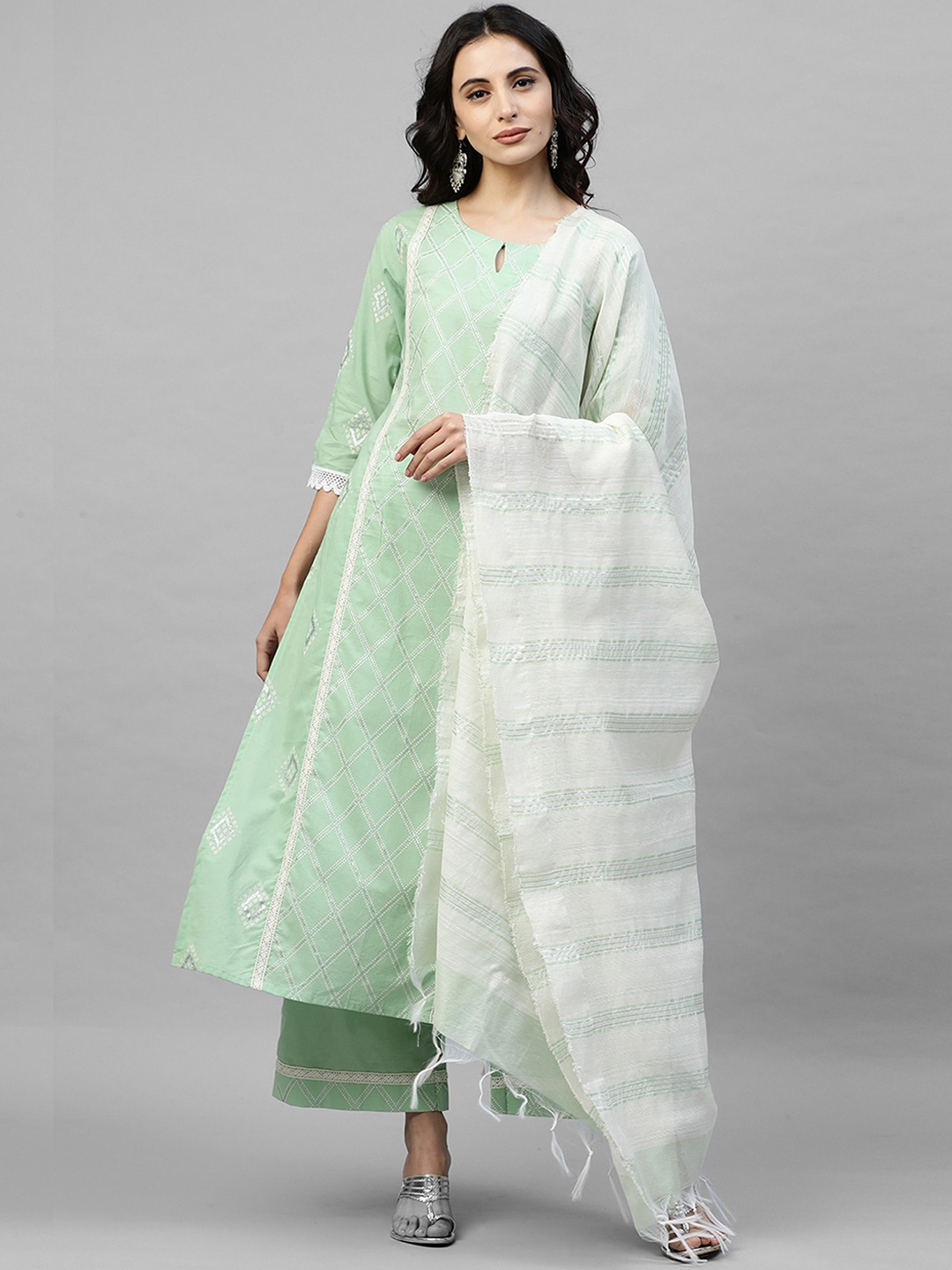 

Indo Era Women Sea Green Checked Kurta with Palazzos & Dupatta