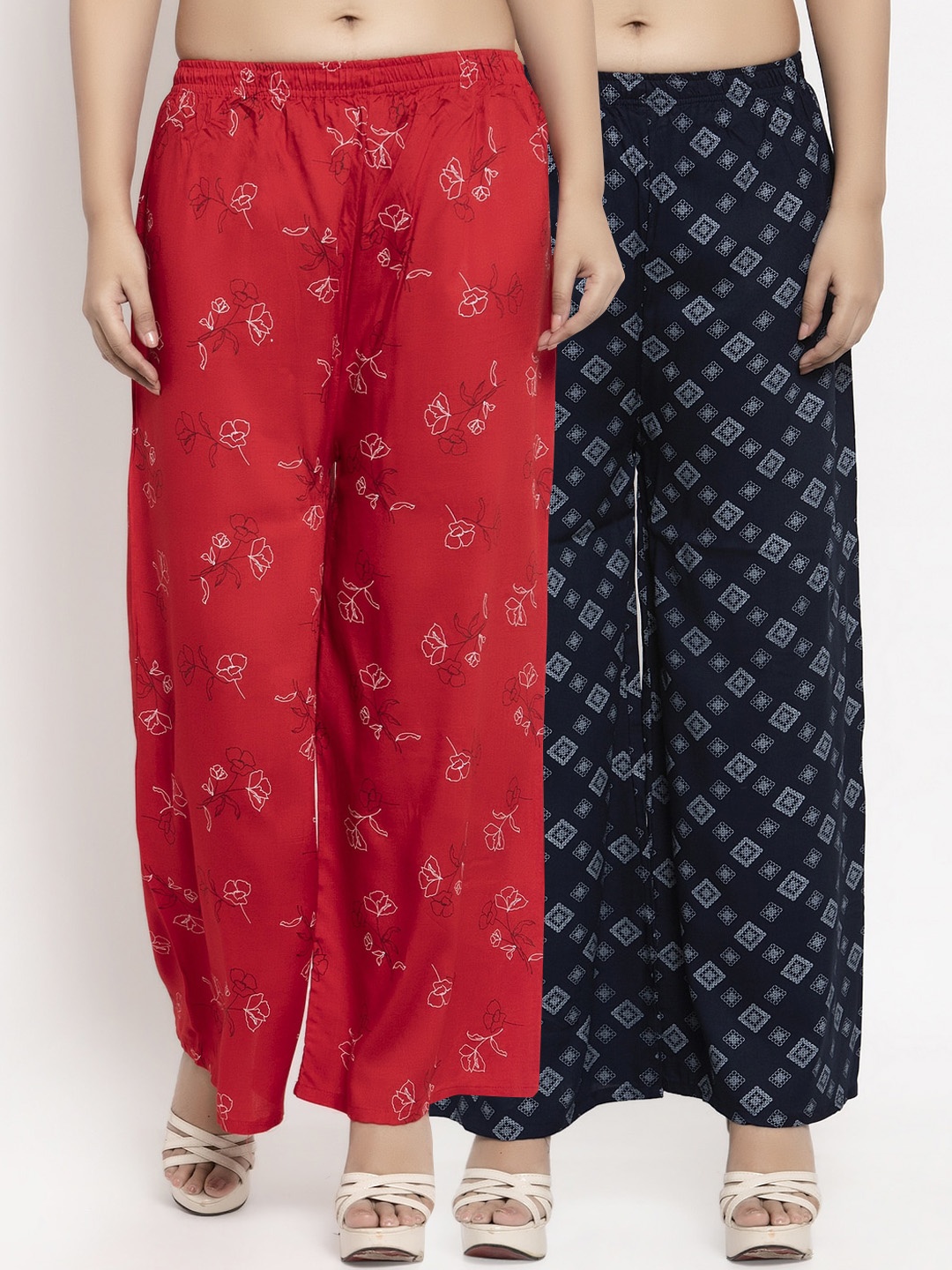

KLOTTHE Women Pack Of 2 Red & Navy Blue Printed Straight Palazzos