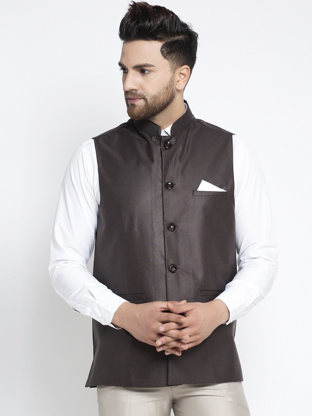 

Jompers Men Coffee Brown Solid Nehru Jacket