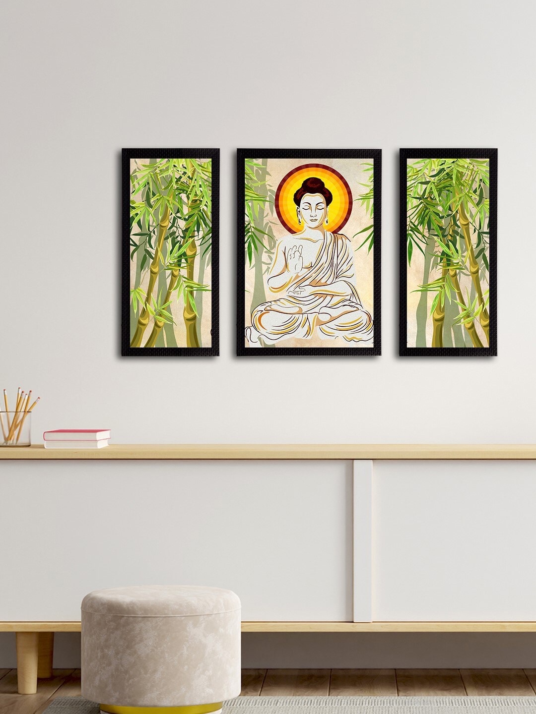 

eCraftIndia Set of 3 Beige & Green Meditating Lord Buddha Satin Matt Textured UV Wall Paintings