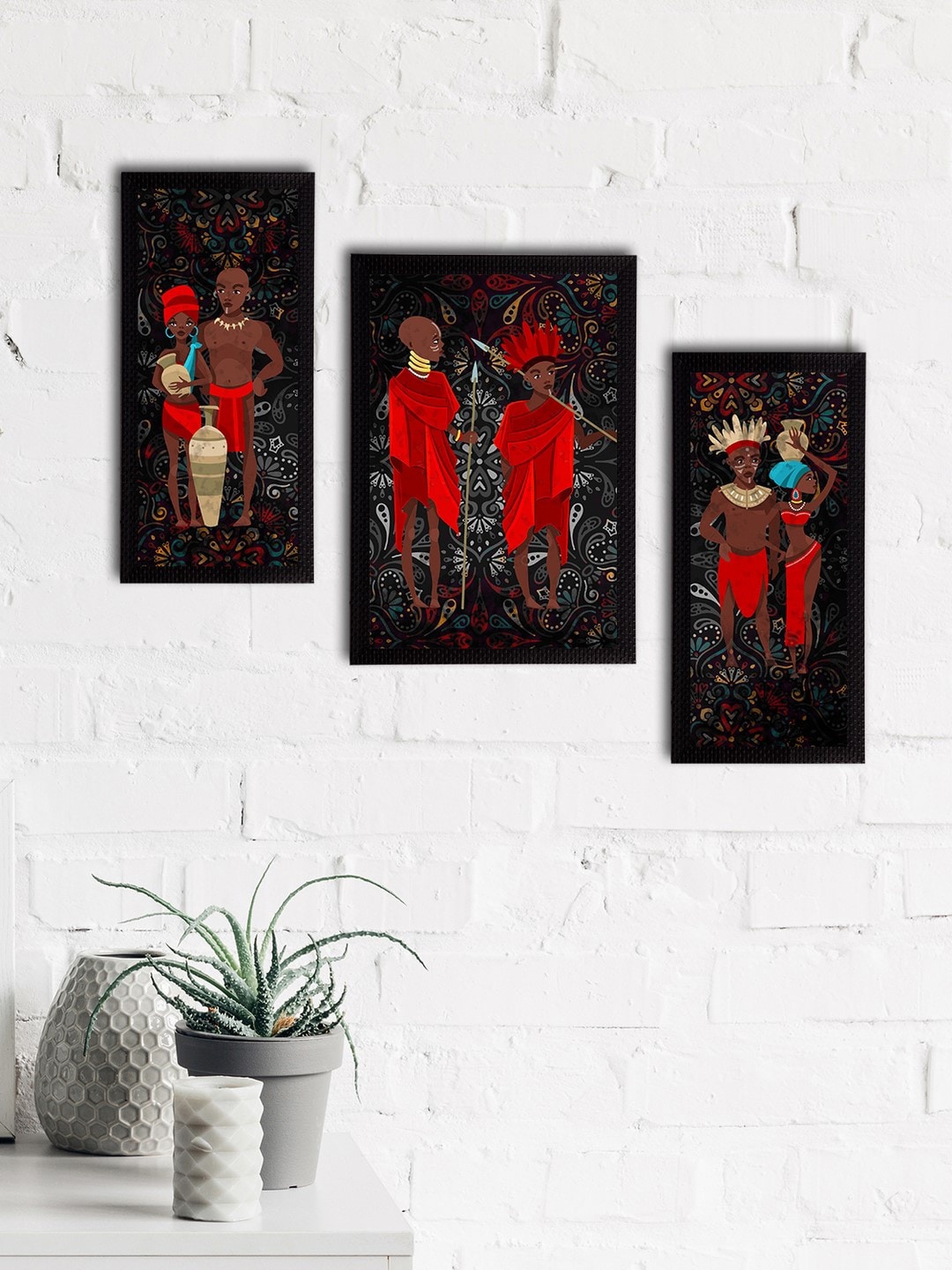 

eCraftIndia Set of 3 Black & Rust Red Tribal Theme Satin Matt Textured UV Wall Paintings