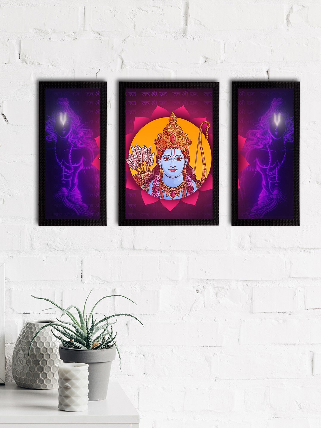 eCraftIndia Set of 3 Blue & Yellow Lord Ram Satin Matt Textured UV Wall Art