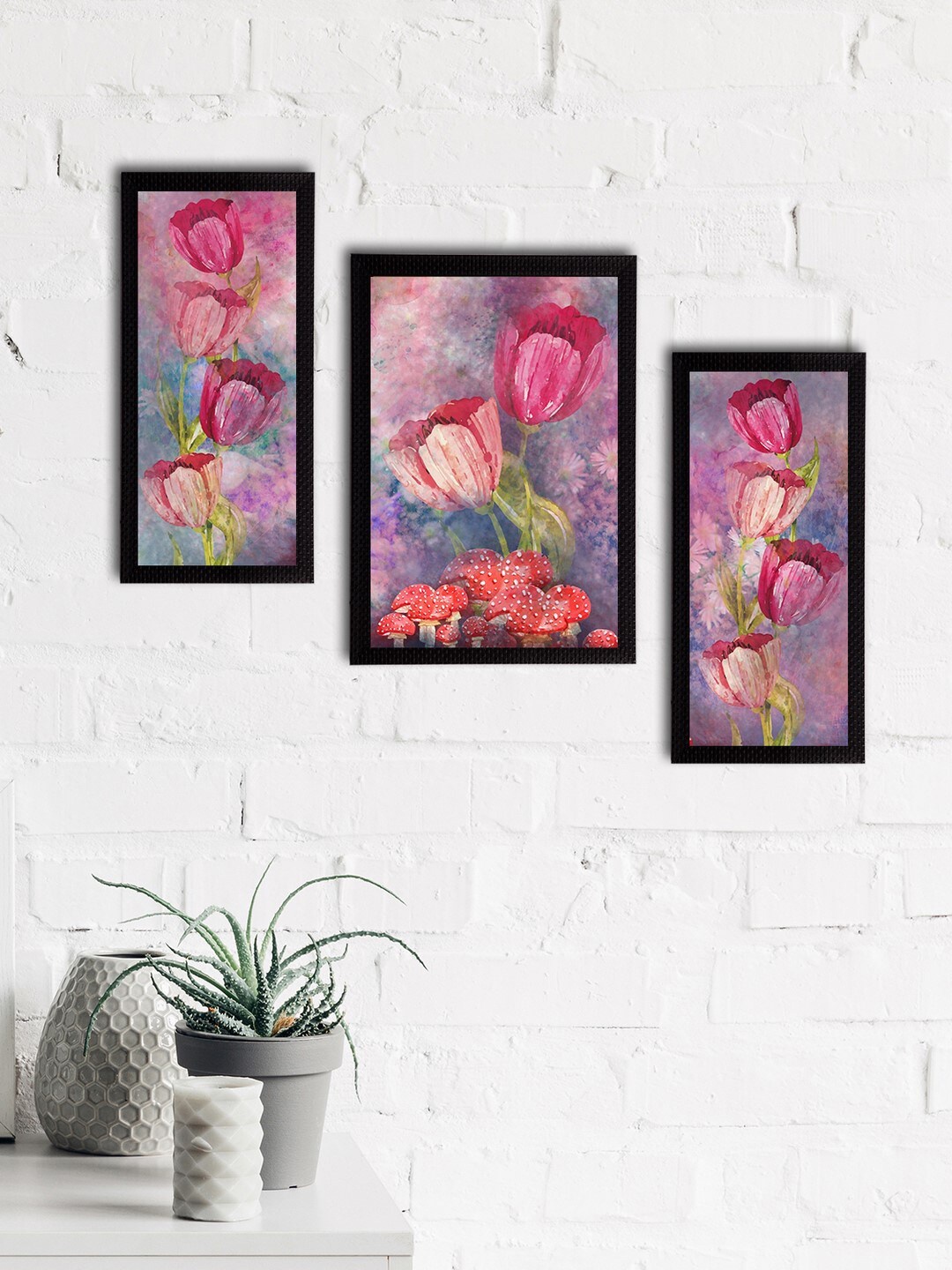 

eCraftIndia Set of 3 Pink & Green Botanical and Floral Satin Matt Textured UV Wall Art