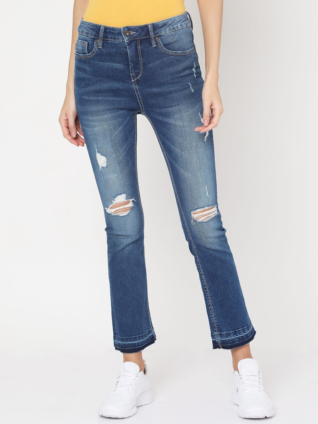 

Pepe Jeans Women Blue Flared High-Rise Slash Knee Jeans